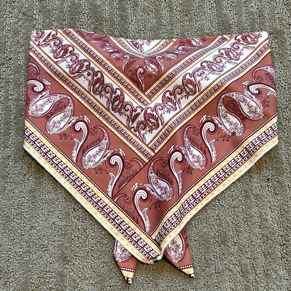 Vintage Silk Tie-back Top. Size M. Rust orange, yellow, maroon, and white.